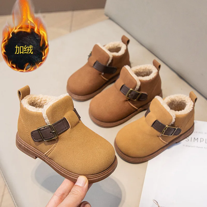 Mädchen Winter Baumwolle Schuhe Baby Mattierte Lederschuhe Kinder Leder Schnalle Lammwolle Kurze Stiefel