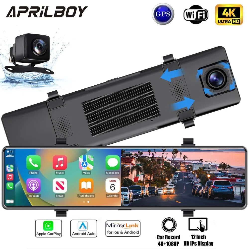 Aprilboy 12'' 4K Carplay & Android Auto Auto DVR Dash Cam Ansicht Spiegel Kamera für Video Recorder Rück Dash Cam 1080P Hinten Kamera