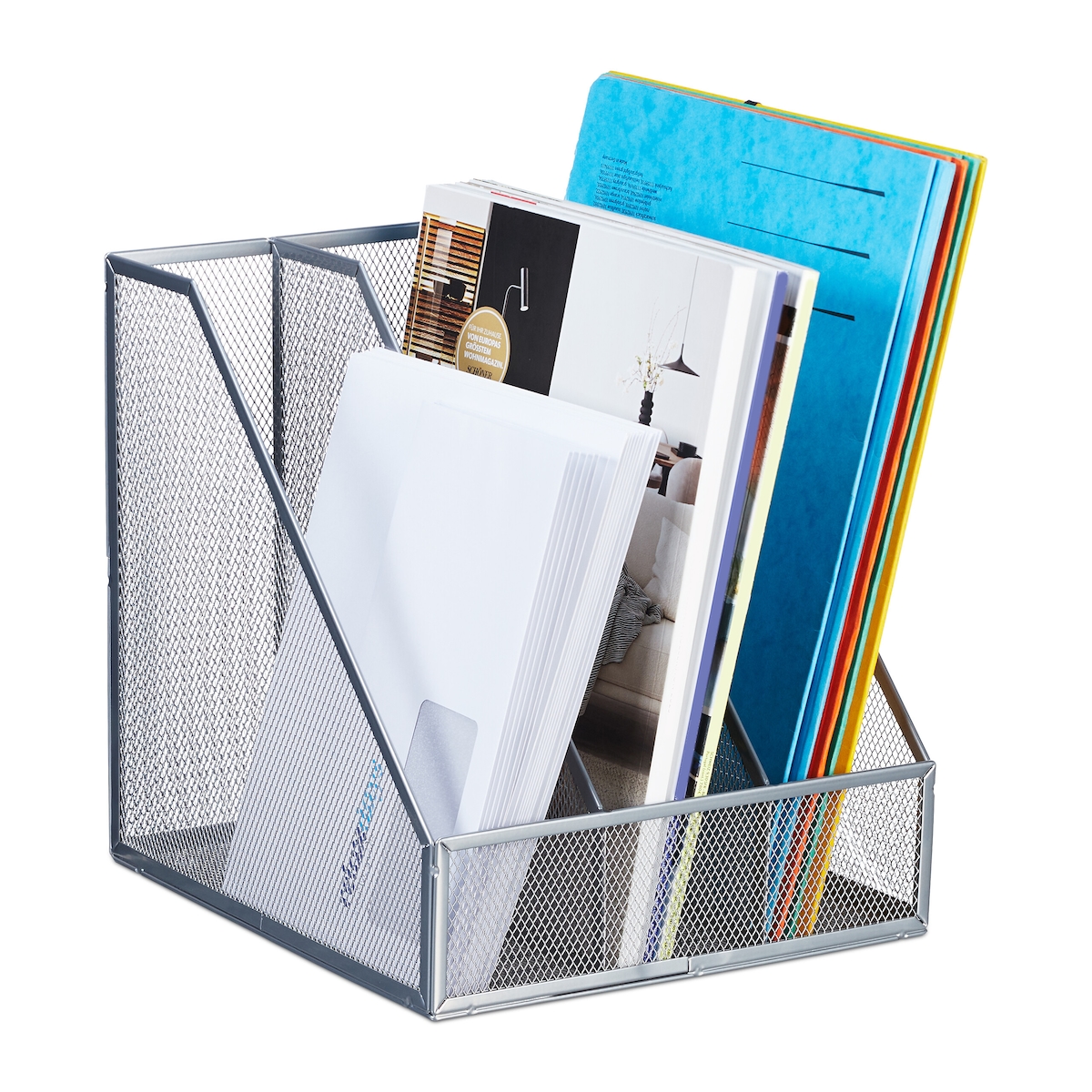 Relaxdays Stehsammler, A4, 3 Fächer, Mesh-Design, HBT: 26 x 24 x 26 cm, Büro & Home-Office, Stehordner, Metall, silber Image