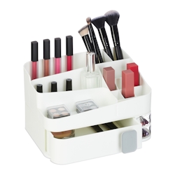 Relaxdays Make Up Organizer, 18 Fächer, Kosmetik Aufbewahrung, Kunststoff, HBT: 15 x 26 x 21 cm, Kosmetikorganizer, weiß Image
