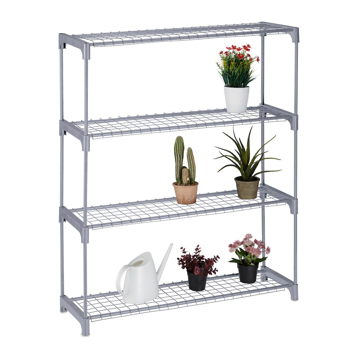 Relaxdays Blumenregal, 4 Ablagen, Blumen- & Pflanzentöpfe, Metall & Kunststoff, HxBxT: 106x91x28 cm, Kräuterregal, grau Image