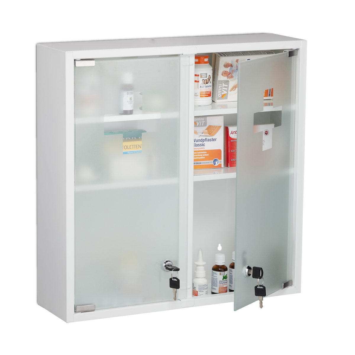 Relaxdays Medizinschrank, 2 türig, abschließbar, 3 Fächer, HBT 53x52,5x15,5 cm, Medikamente, Arzneischrank hängend, weiß Image