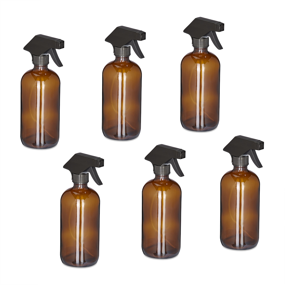 Relaxdays Sprühflasche Glas, 6er Set, 500 ml, Nebel & Strahl, Spritzflasche für Haarpflege, Reinigung & Pflanzen, braun