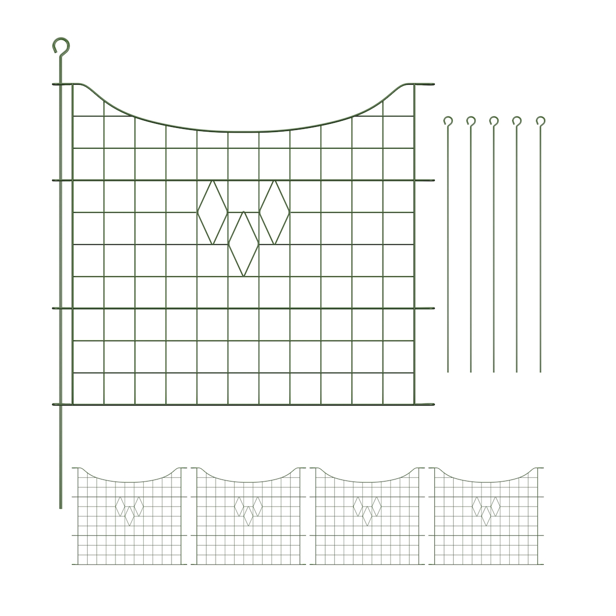 Relaxdays Teichzaun, 5 Zaunelemente, je H x B: 66 x 76 cm, zum Stecken, aus Metall, für Garten, Pool, Beetzaun, grün Image