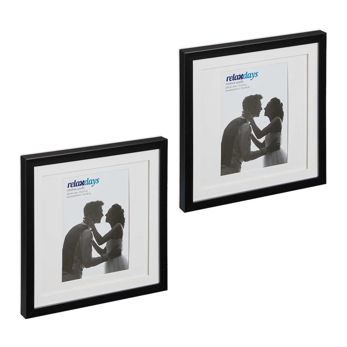 Relaxdays Bilderrahmen 2er Set, 25x25 cm, quadratisch, Fotorahmen zum Aufhängen oder Hinstellen, Passepartout, schwarz Image