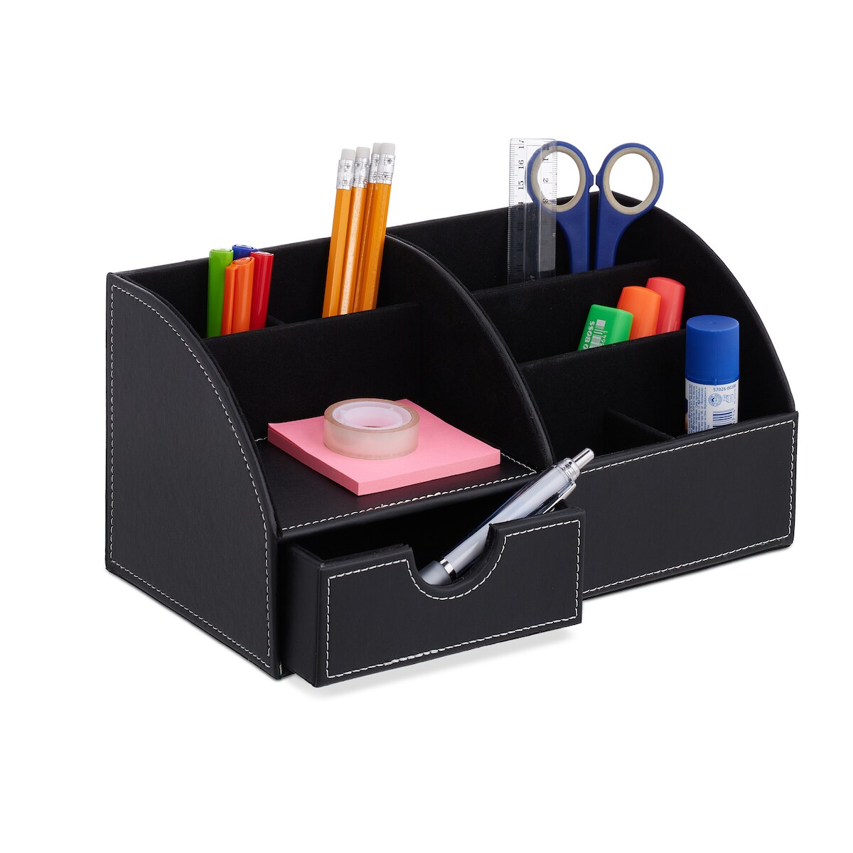 Relaxdays Schreibtisch Organizer, Büroorganizer mit 6 Fächern & Schublade, HBT: 14 x 28,5 x 15 cm, Stiftehalter, schwarz Image