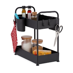 Relaxdays Unter Waschbecken Regal, 2 Etagen, 6 Haken & 2 Becher, HBT: 42,5x22x40 cm, Putzmittel Organizer Küche, schwarz Image