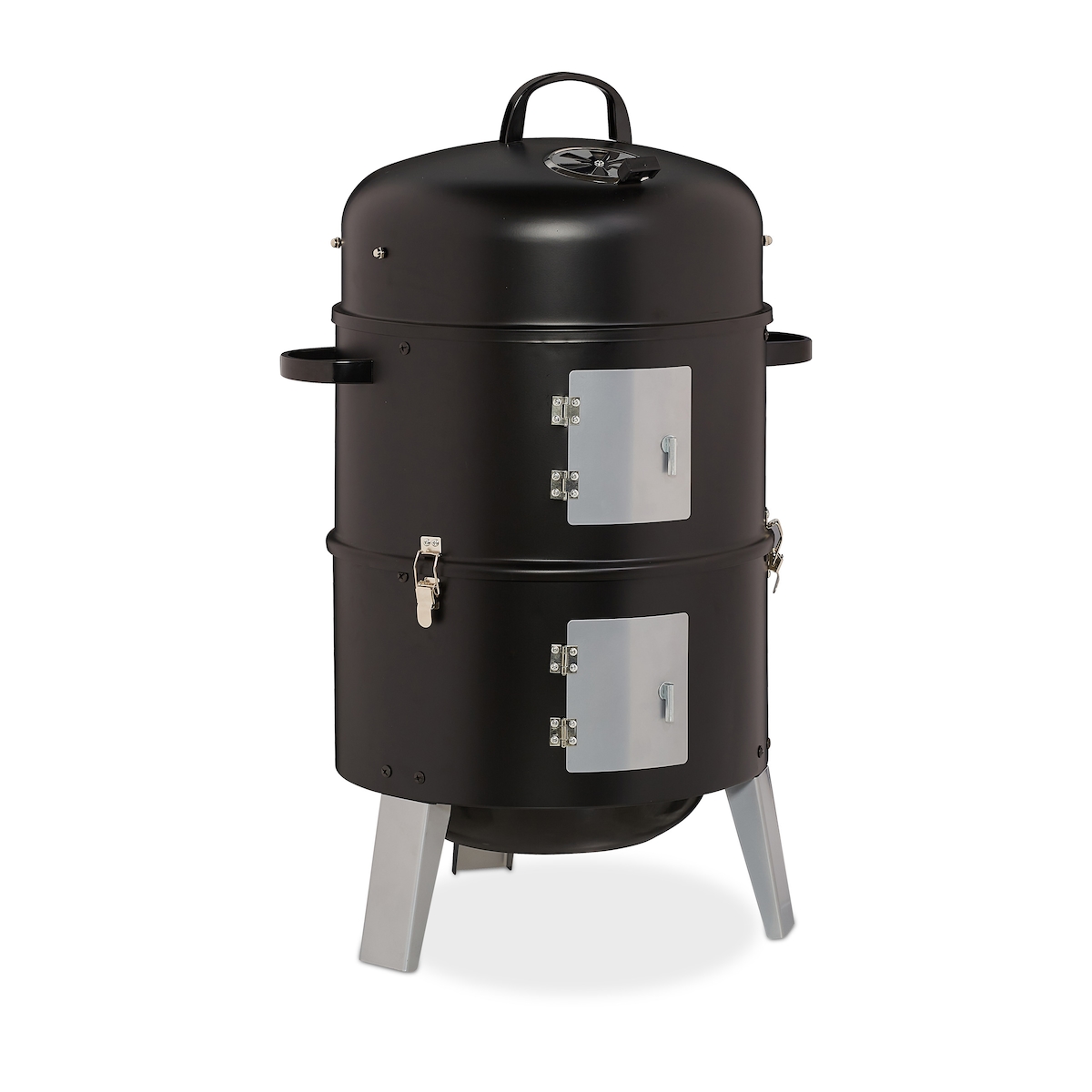 Relaxdays Smoker 3in1, zum Grillen, Räuchern & Garen, Thermometer & Luftabzug, BBQ Räuchertonne: ∅ 40 cm, Stahl, schwarz Image