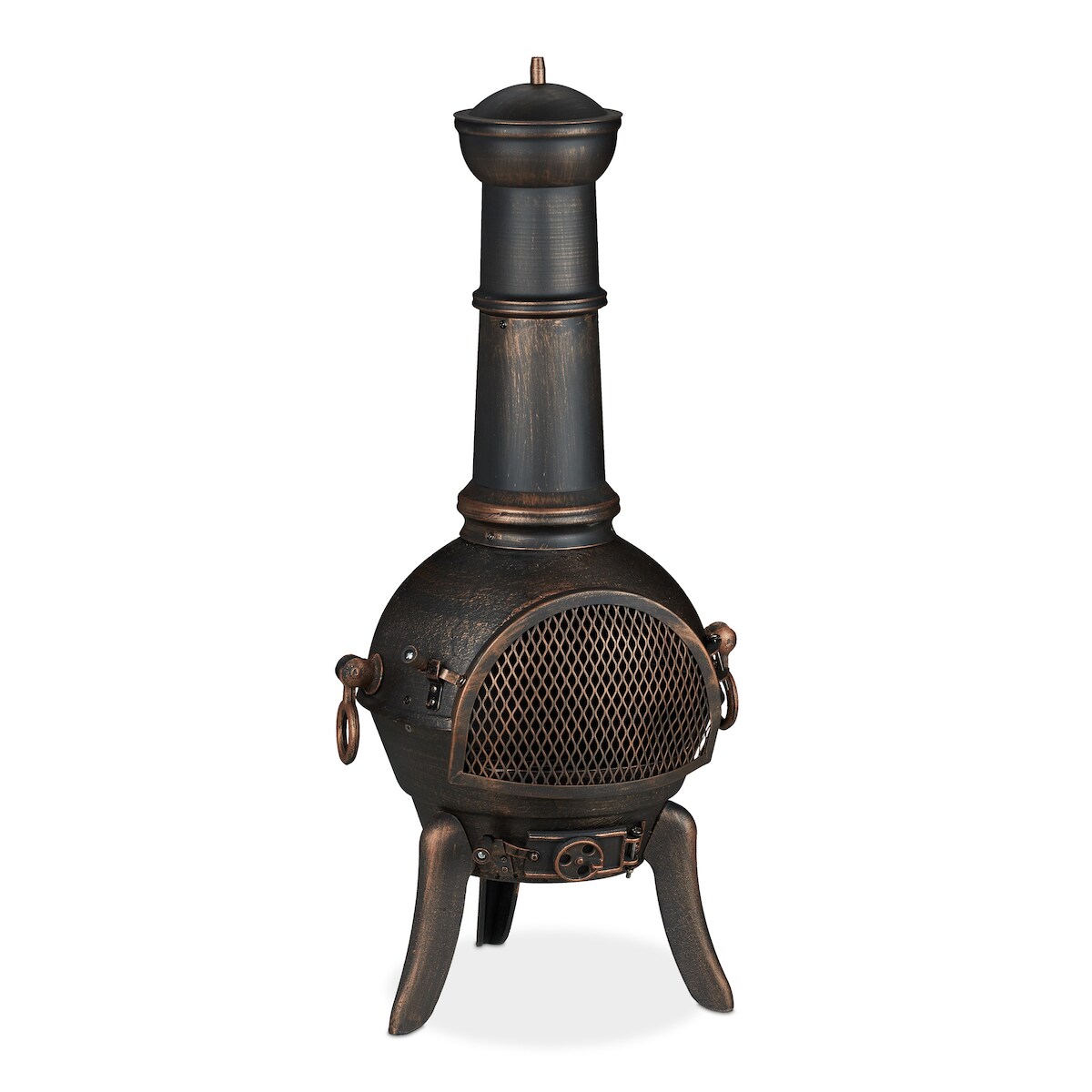 Relaxdays Terrassenofen, mit Funkenschutz, Schürhaken, Feuerrost, Zugluftklappe, Gartenkamin Gusseisen, Stahl, bronze Image