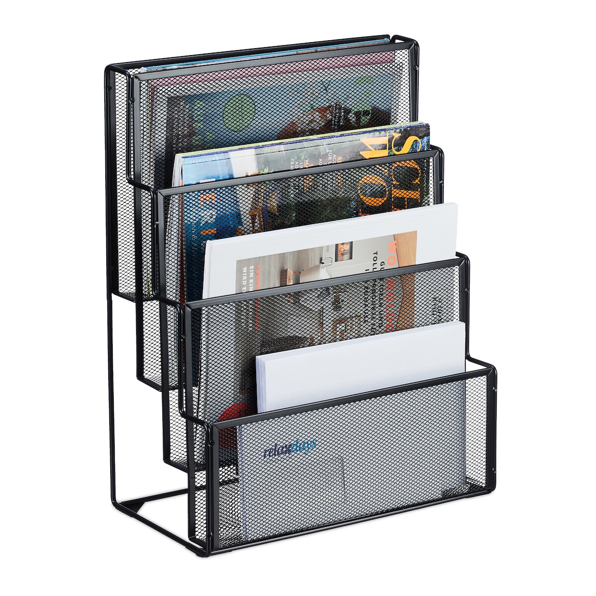 Relaxdays Zeitschriftenhalter Metall, 4 Fächer, Dokumentenablage Büro, HBT: 43x33x18 cm, Magazinhalter, Briefe, schwarz Image