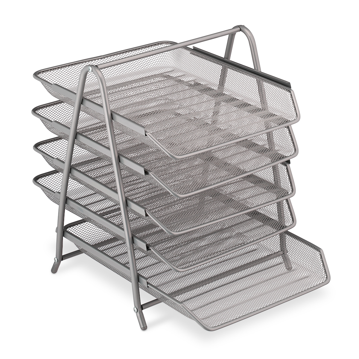 Relaxdays Dokumentenablage, Papierablage für A4 Formate, 4 Fächer, 37,5 x 30 x 35 cm, Mesh-Design, Büro-Ablage, silber Image