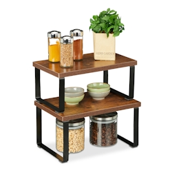 Relaxdays Tischregal 2-tlg. Set, Küchenorganizer für Gewürze, Geschirr uvm., stapelbar, Industrial Design, braun/schwarz Image