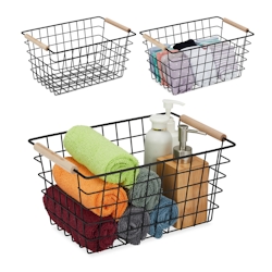 Relaxdays Drahtkorb, 3er Set, Metall, Holzgriffe, HBT: 16 x 31 x 21 cm, eckiger Aufbewahrungskorb, Bad & Küche, schwarz Image