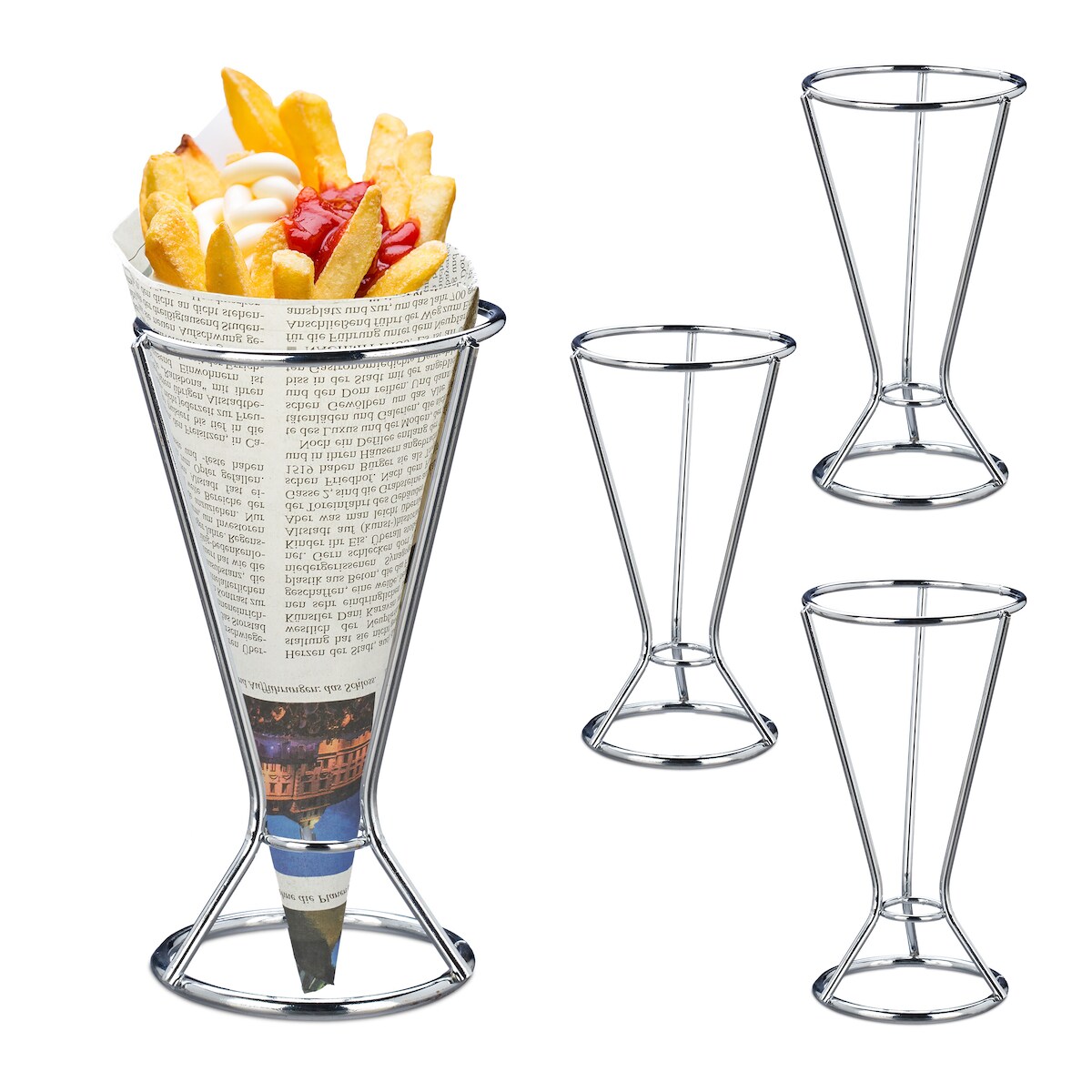 Relaxdays Pommeshalter, 4er Set Pommestütenhalter aus Edelstahl, HxD 16 x 9,5 cm, Spitztüten-Ständer für Pommes, silber Image