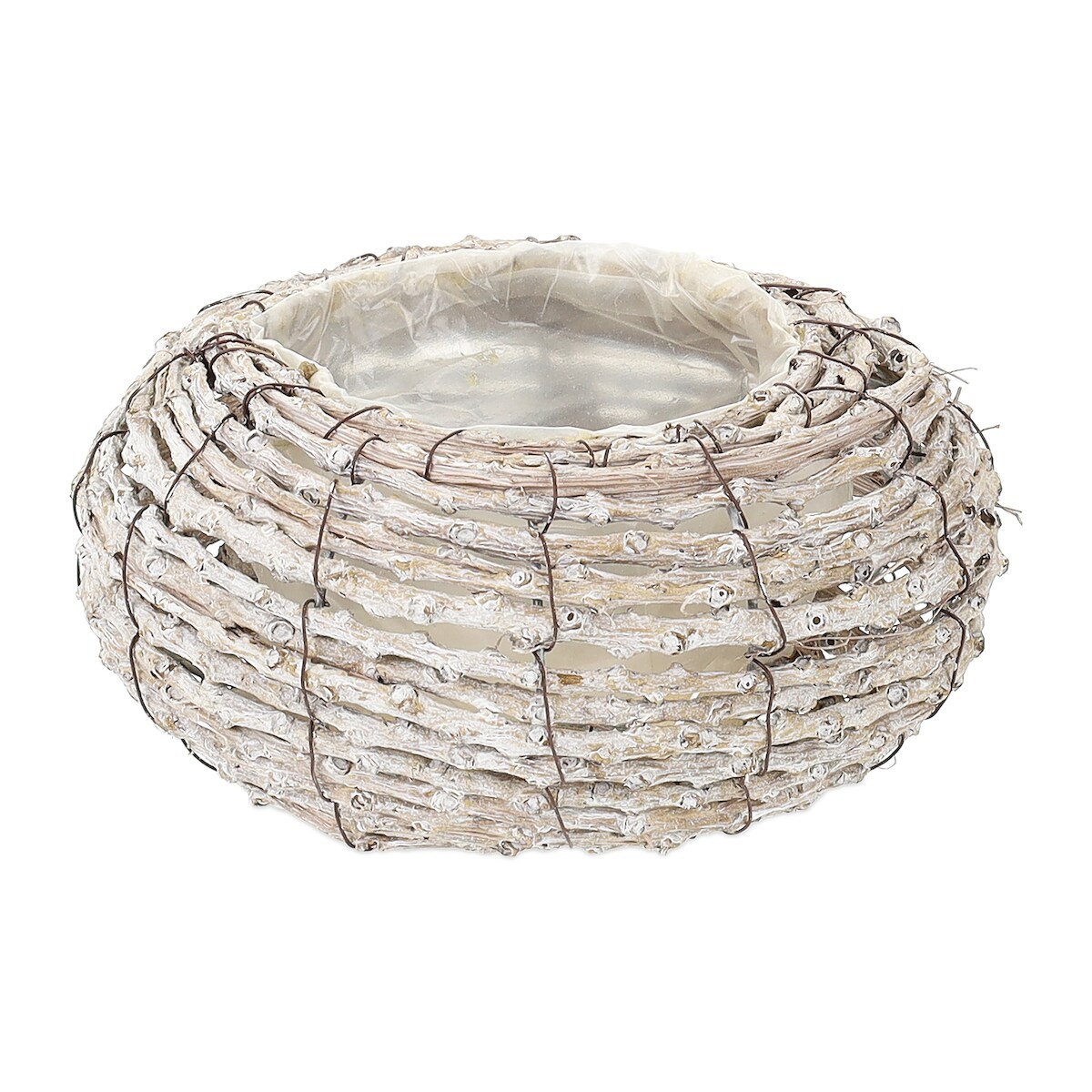 Relaxdays Blumentopf, 2er Set, Rattan, Pflanzentöpfe mit Folie, HxD: 10 x 20 cm, runde Pflanzkörbe für innen, weiß/natur Image