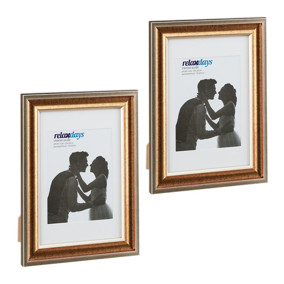Relaxdays Bilderrahmen 2er Set, 20x30 cm, Hoch- & Querformat, Fotorahmen zum Aufhängen, Hinstellen, Passepartout, gold Image