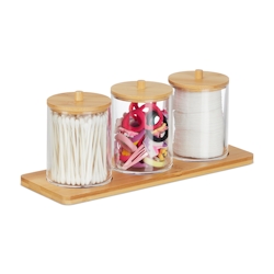 Relaxdays Wattestäbchenbehälter mit Tablett, 3 Becher m. Deckel, Kosmetik Organizer Kunststoff/Bambus, transparent/natur Image
