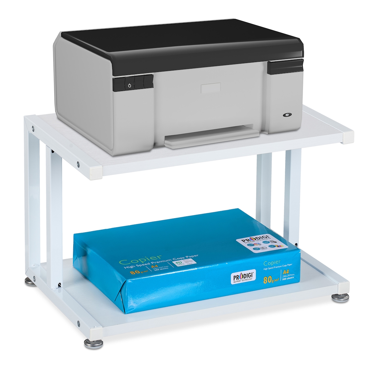Relaxdays Druckerständer, 2 Ablagen, Schreibtischaufsatz für Drucker, HBT 28x45x28 cm, Druckertisch, Druckerhalter, weiß Image