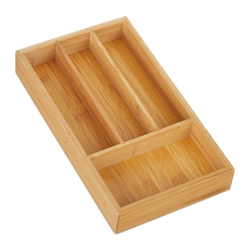 Relaxdays Schubladenorganizer aus Bambus, 4 Fächer, HxBxT: 4 x 16 x 28 cm, Schubladeneinsatz für Büro & Zuhause, natur Image