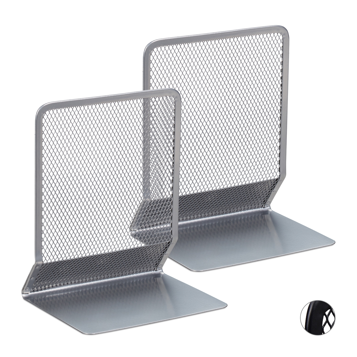 Relaxdays Buchstütze, 2er-Set, Bücher, DVDs, Zeitschriften, stabiler Buchwinkel HxBxT: ca. 16,5 x 13 x 10,5 cm, silber Image