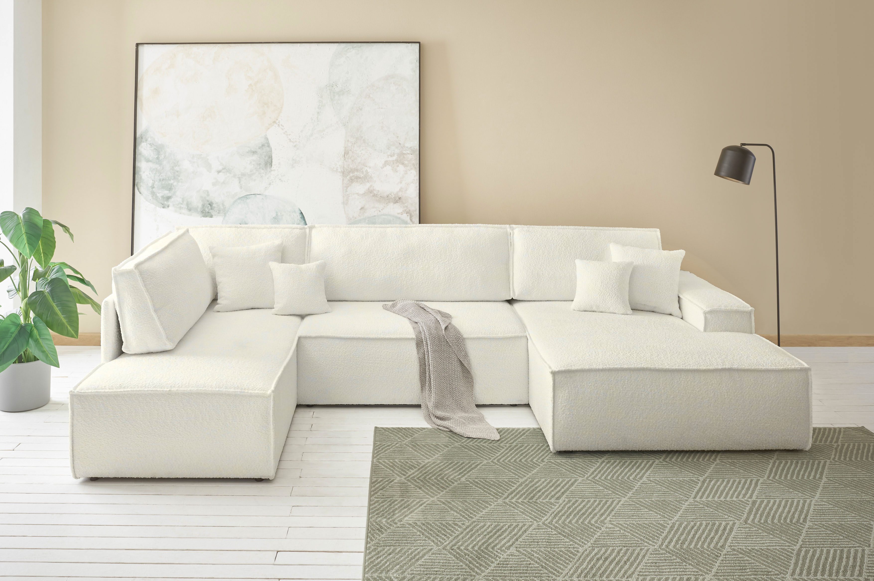 Wohnlandschaft OTTO HOME "FINNLEY, U-Form XXL 329 cm, Schlafsofa, Schlaffunktion m. Bettkasten", weiß, B:329cm H:85cm T:195cm, Bezugstoff aus 90% recyceltem Material ;Aqua Clean ;Gramatur 580g/ qm +/- 5%, Sofas, Wohnlandschaft, verfügbar in den...