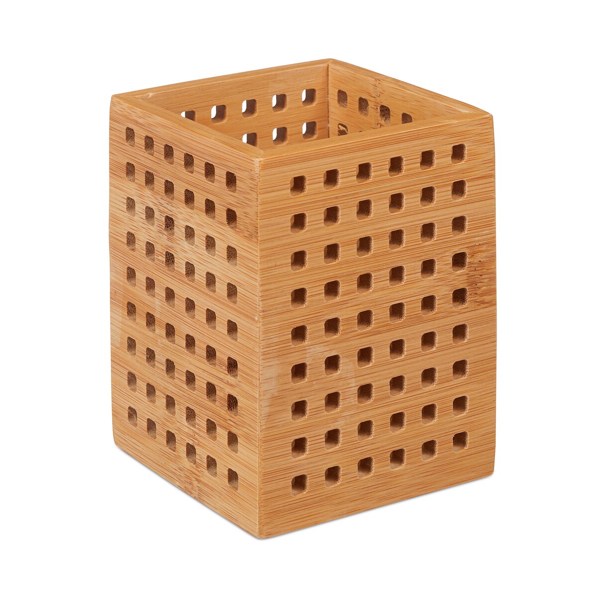 Relaxdays Stiftköcher Bambus, Stiftebecher Schreibtisch, Landhausstil, HxBxT: 11,5 x 9 x 9 cm, Stiftehalter, natur Image