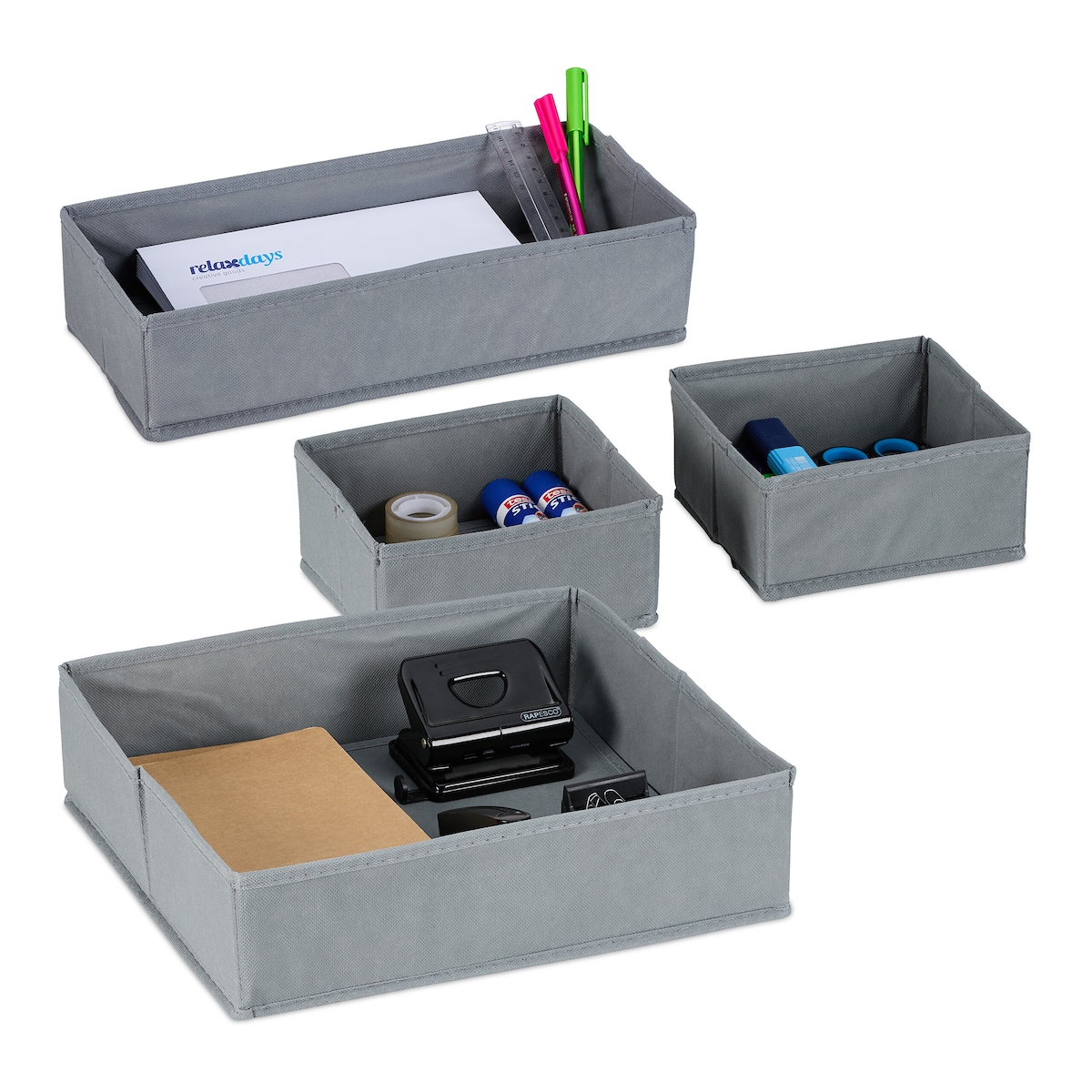 Relaxdays Schubladen Organizer Vlies, 4-tlg. Ordnungssystem Schreibtisch, 3 Größen, Schubladeneinsatz, Trennbox, grau Image