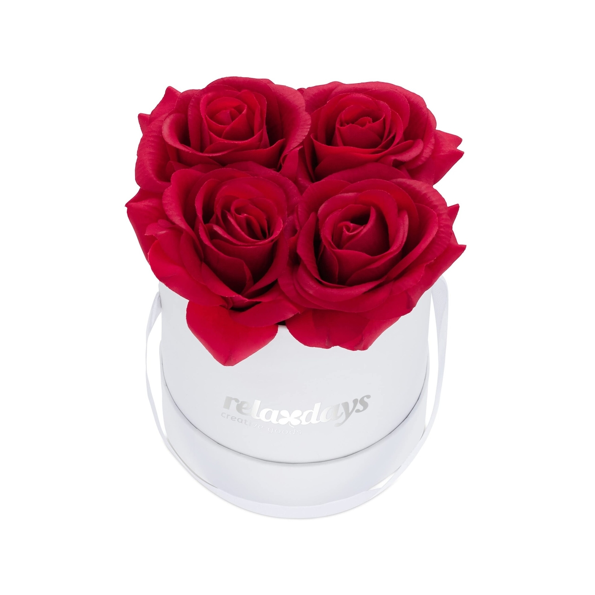 Relaxdays Rosenbox rund, 4 Rosen, stabile Flowerbox weiß, lange Haltbarkeit, Geschenkidee, dekorative Blumenbox, rot Image
