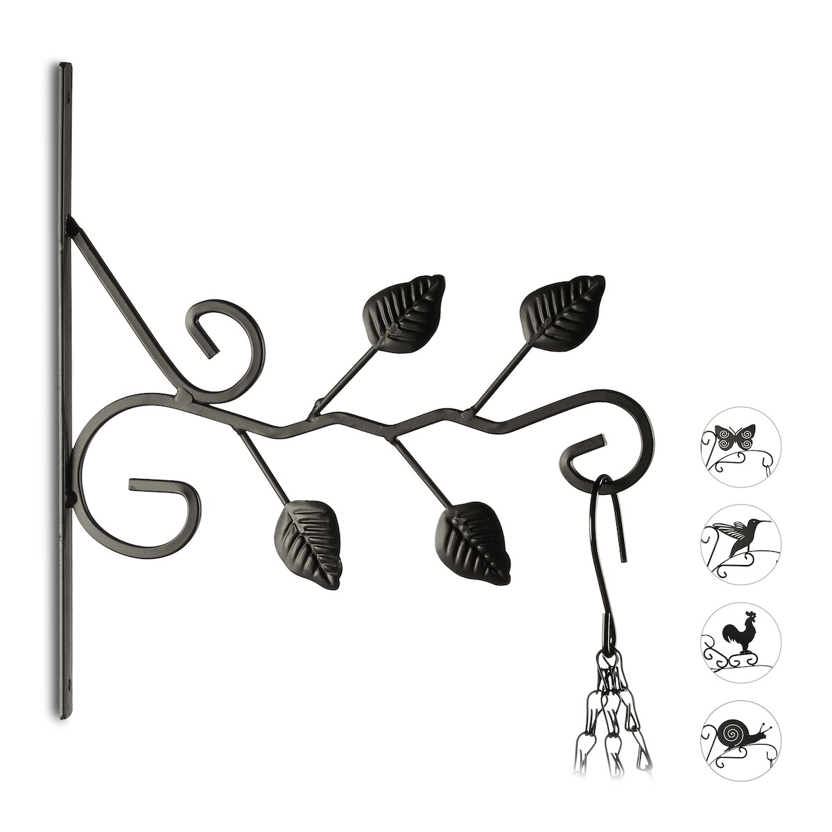 Relaxdays Blumenhaken mit Blätter-Motiv, Halter für Wand, Pflanze, Blumenampel, Garten, HxBxT: 30,5 x 28 x 2 cm, schwarz Image