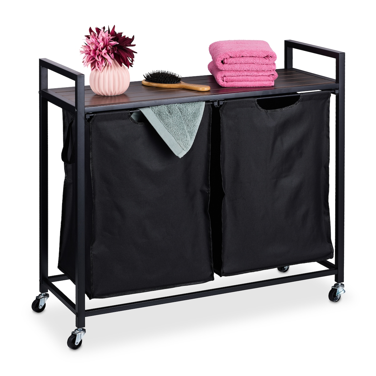 Relaxdays Wäschekorbregal, 2 ausziehbare Fächer, rollbare Wäscheablage, Wäschesammler, Industrial Design, schwarz/braun Image