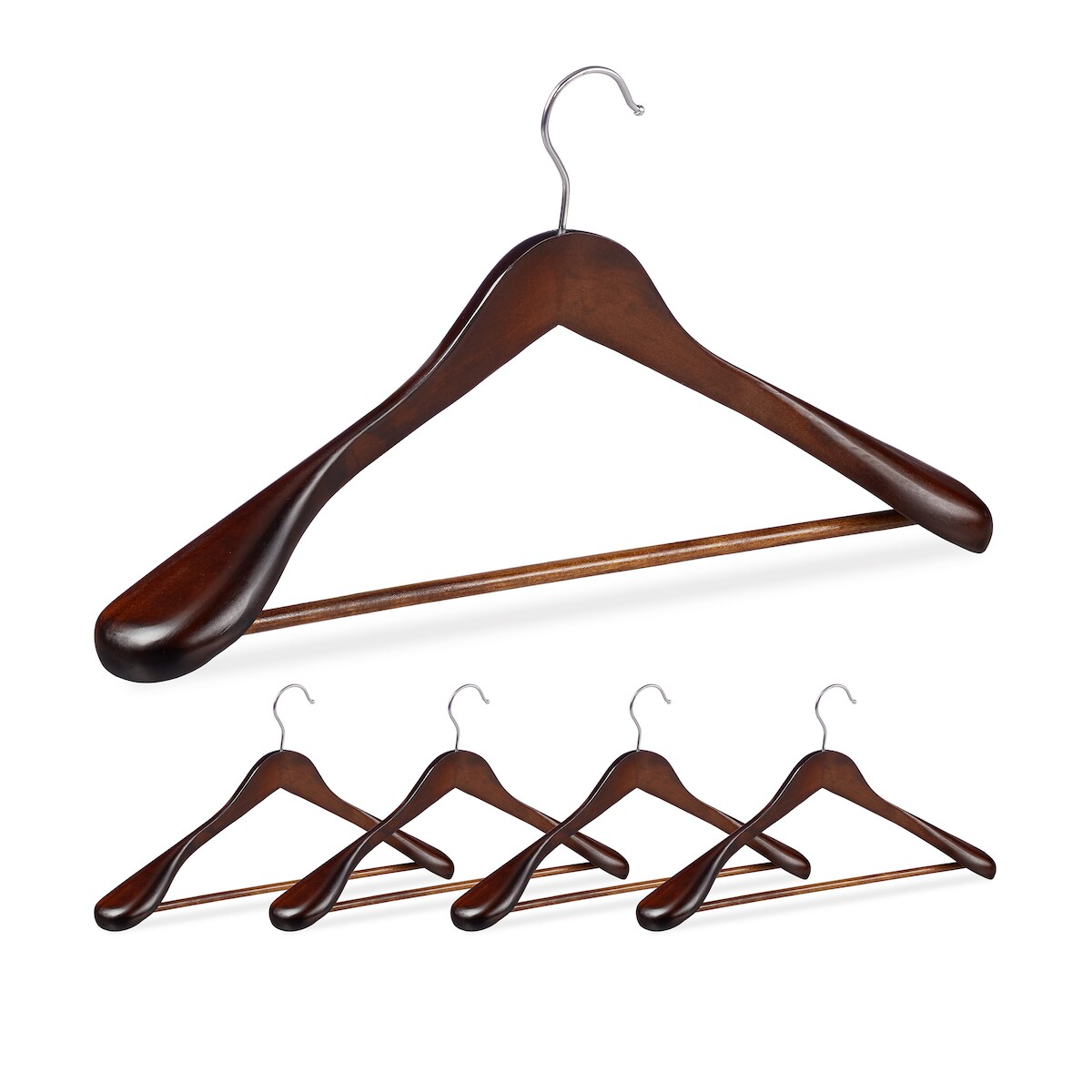 Relaxdays Anzug Kleiderbügel, 5er Set, breite Schulter, 360° drehbarer Haken, mit Hosenstange, Holzkleiderbügel, braun Image