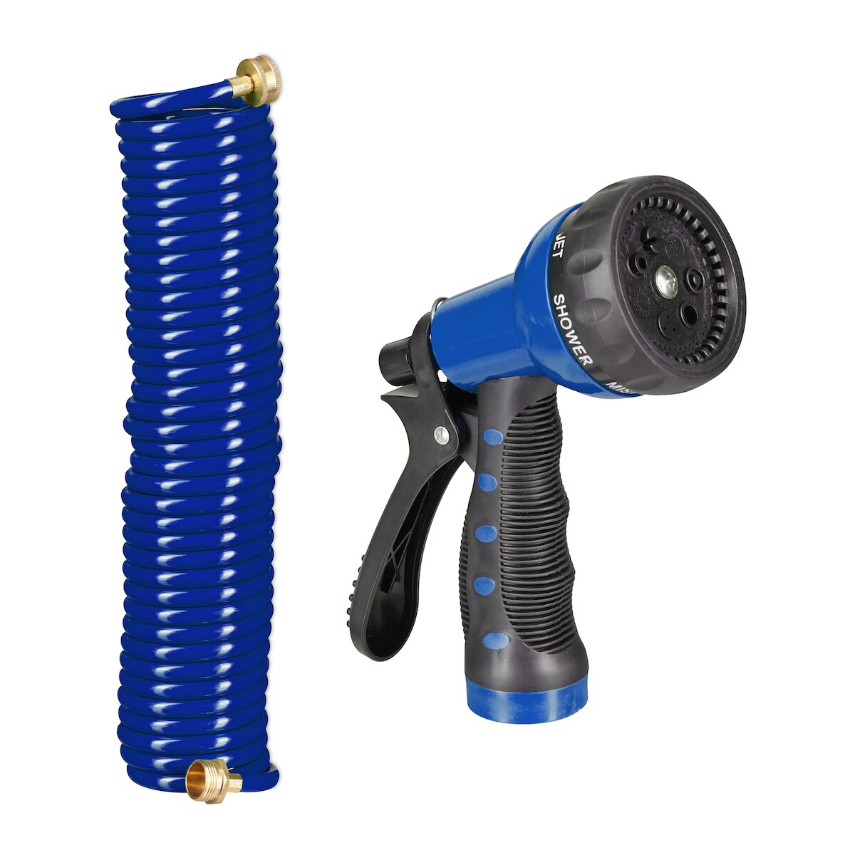 Relaxdays Spiralschlauch Wasser, bis 10 m ausziehbar, flexibler Gartenschlauch mit Wasserbrause, 7 Strahlarten, blau Image