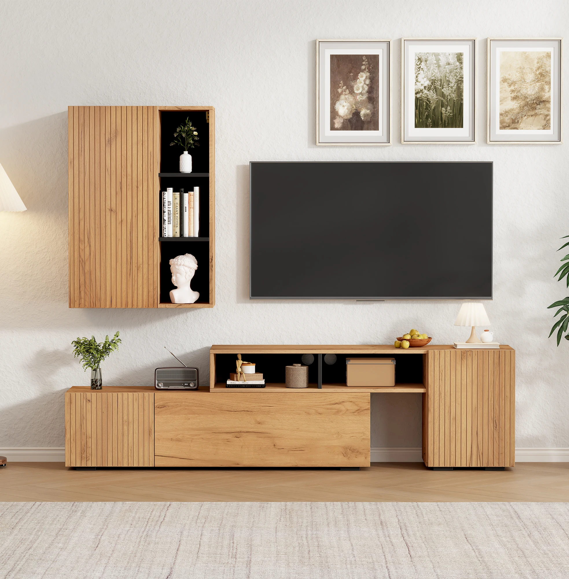 Ensemble de meuble TV mural avec vitrine (ensemble complet, 2 pièces), mur multimédia comprenant un meuble TV et une étagère sur pied