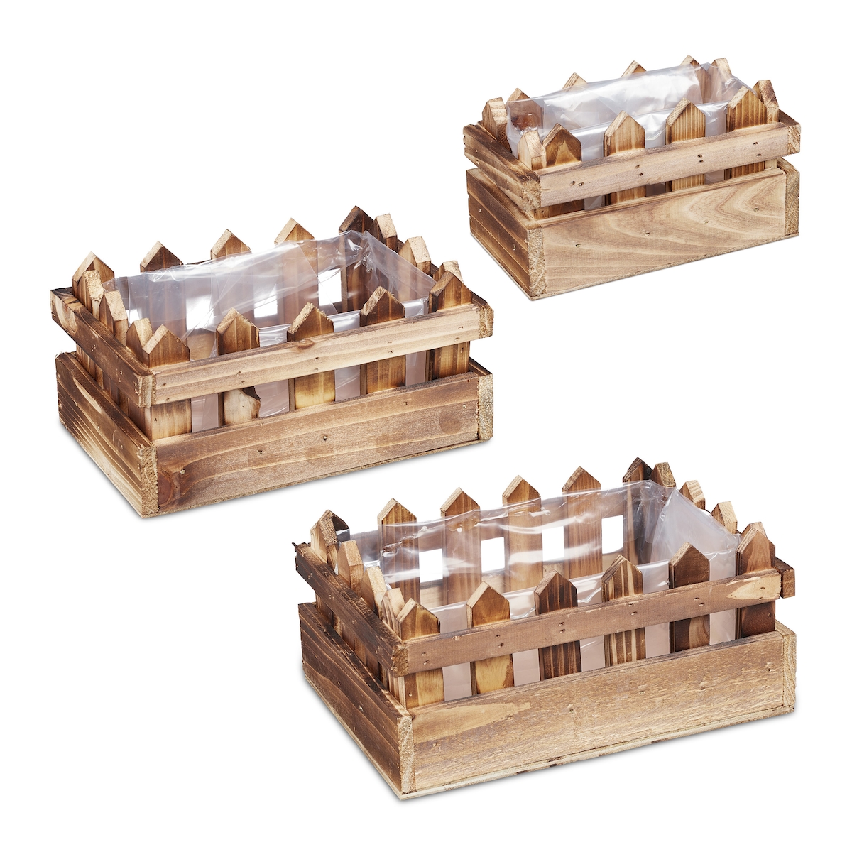 Relaxdays Blumenkasten 3er Set, Holz, Zaunoptik, Balkon & Fensterbank, Pflanzkästen in vers. Größen, Balkonkasten, natur Image