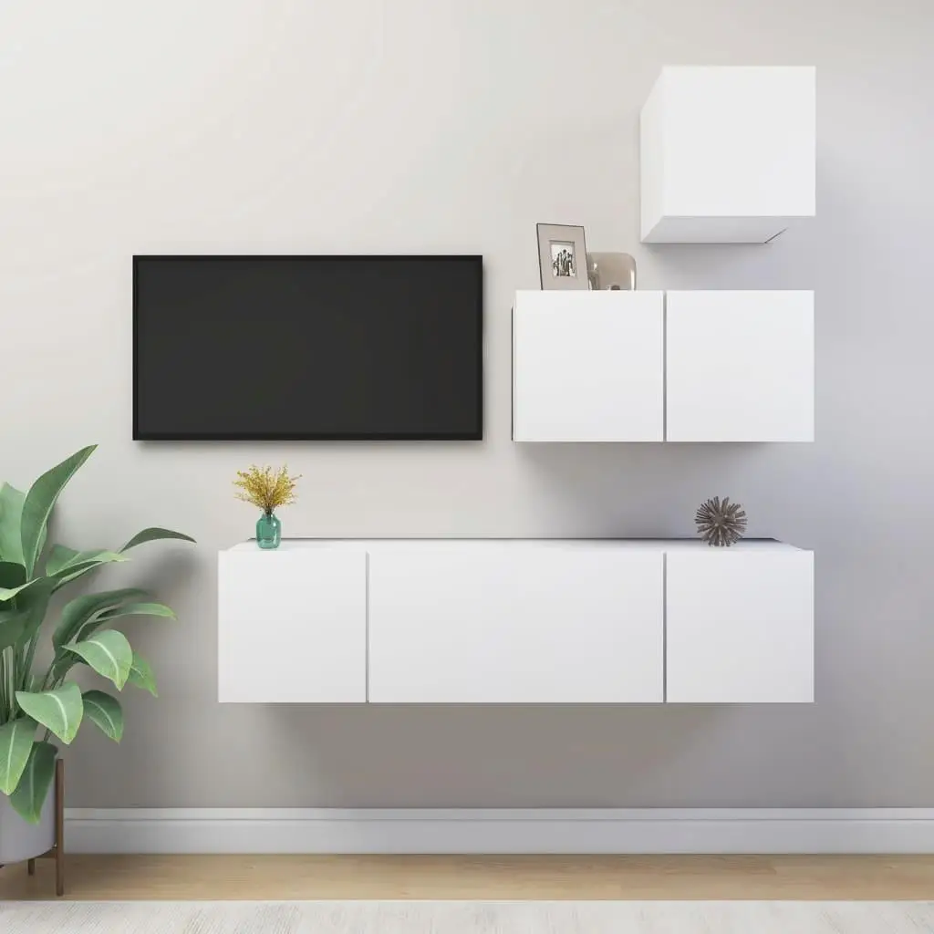 Ensemble de meuble TV Composite en bois blanc, 4 pièces, meuble de salon moderne, unité de rangement, Center de divertissement élégant