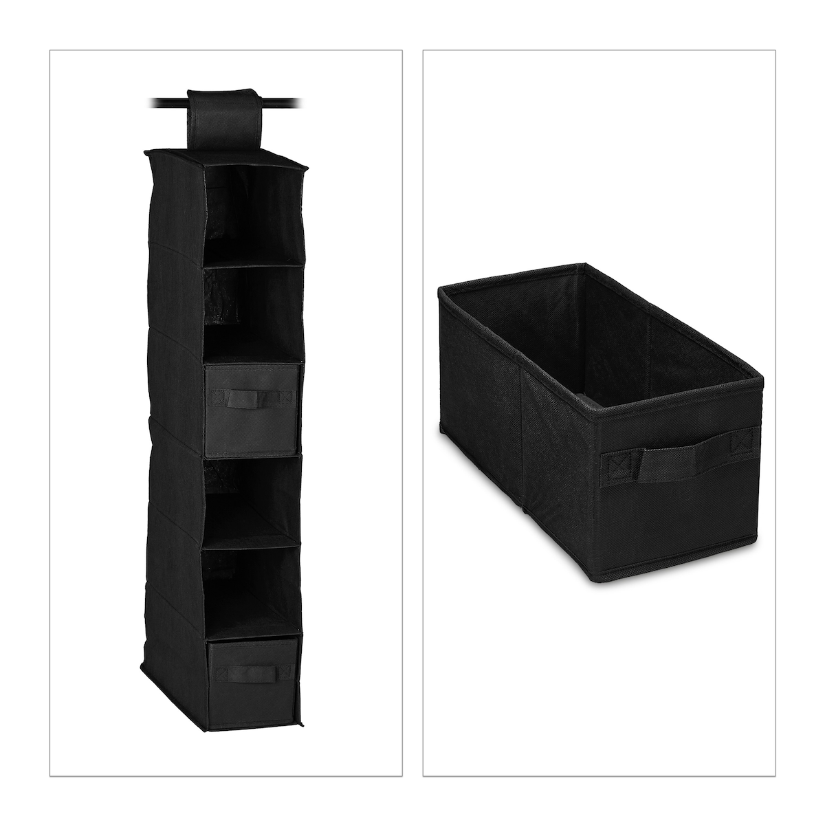 Relaxdays Hängeregal Stoff, Hängeaufbewahrung, 6 Fächer, 2 Schübe, für Kleiderschrank, HBT: ca. 82x14,5x30 cm, schwarz Image