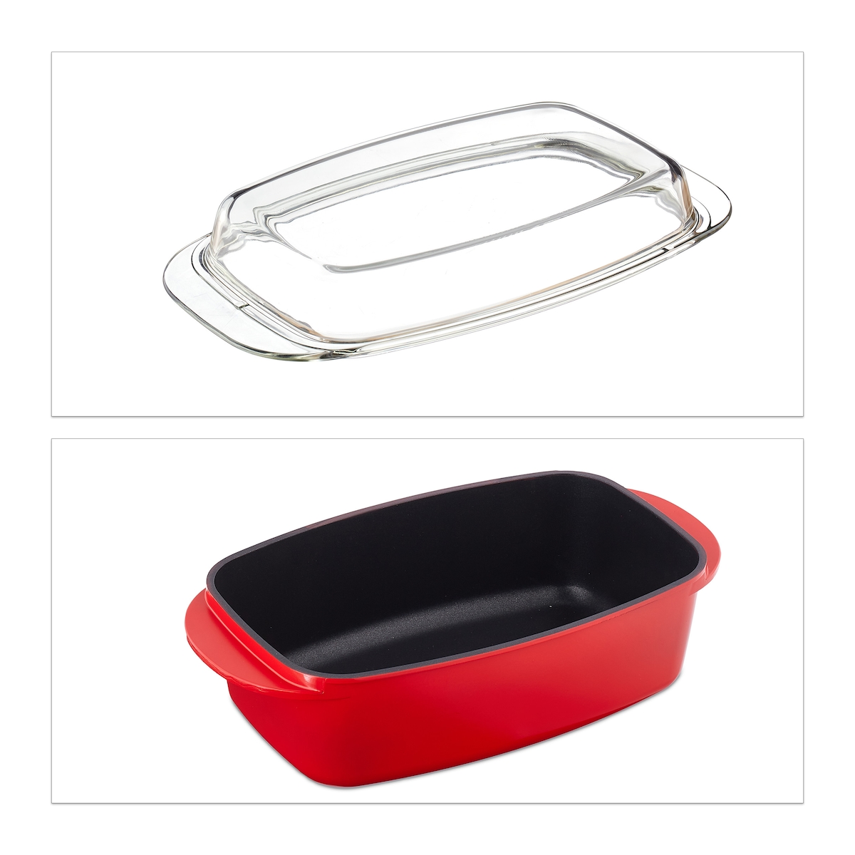 Relaxdays Bräter mit Deckel, antihaftbeschichtet, Auflaufform, Aluminiumguss & Glas, spülmaschinenfest, Gänsebräter, rot Image