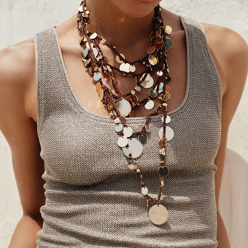 Collier multicouche en perles et paillettes pour femmes, Style bohémien, chaîne, bijoux pour femmes, tempérament exagéré, tissé à la main, accessoire féminin