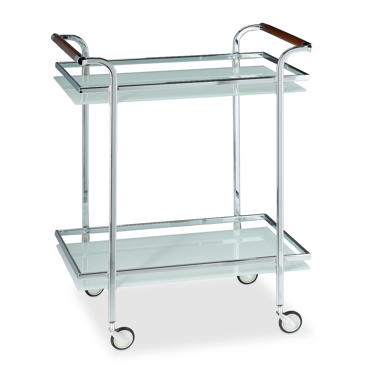 Relaxdays Servierwagen Milchglas, Servicewagen, Teewagen, mit 2 Ablagen, offen, Deluxe Rollen, HBT 85x66x43 cm, silber Image