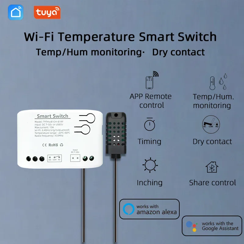 Tuya Smart 7-32V Temperatur Feuchtigkeit Schalter Passive Trockenen Kontakt Relais Thermostat Monitor Temperatur Sensor Alexa Kompatibel Image