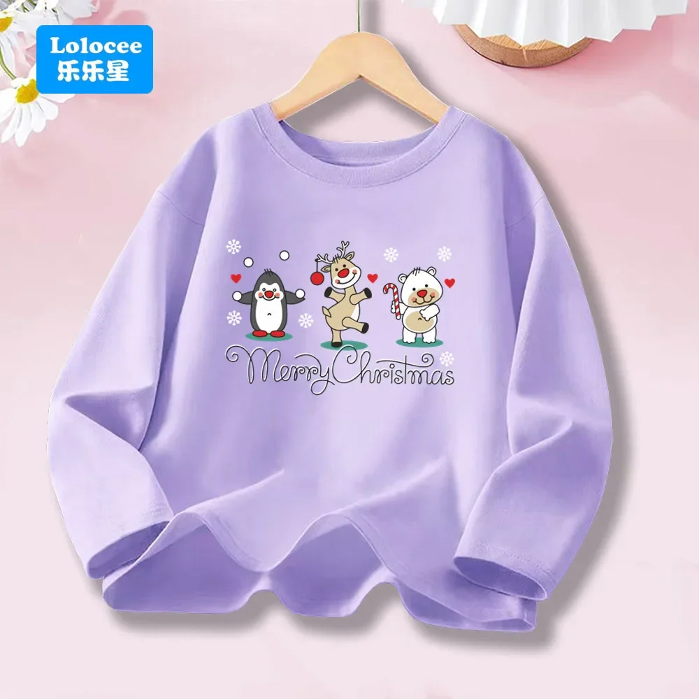 Frohe Weihnachten Langarm T-Shirts Mädchen Kawaii Weihnachtsmann Tops Niedlicher Pinguin, Rentier, Eisbär Print Weihnachts-T-Shirt SDDW1 Image