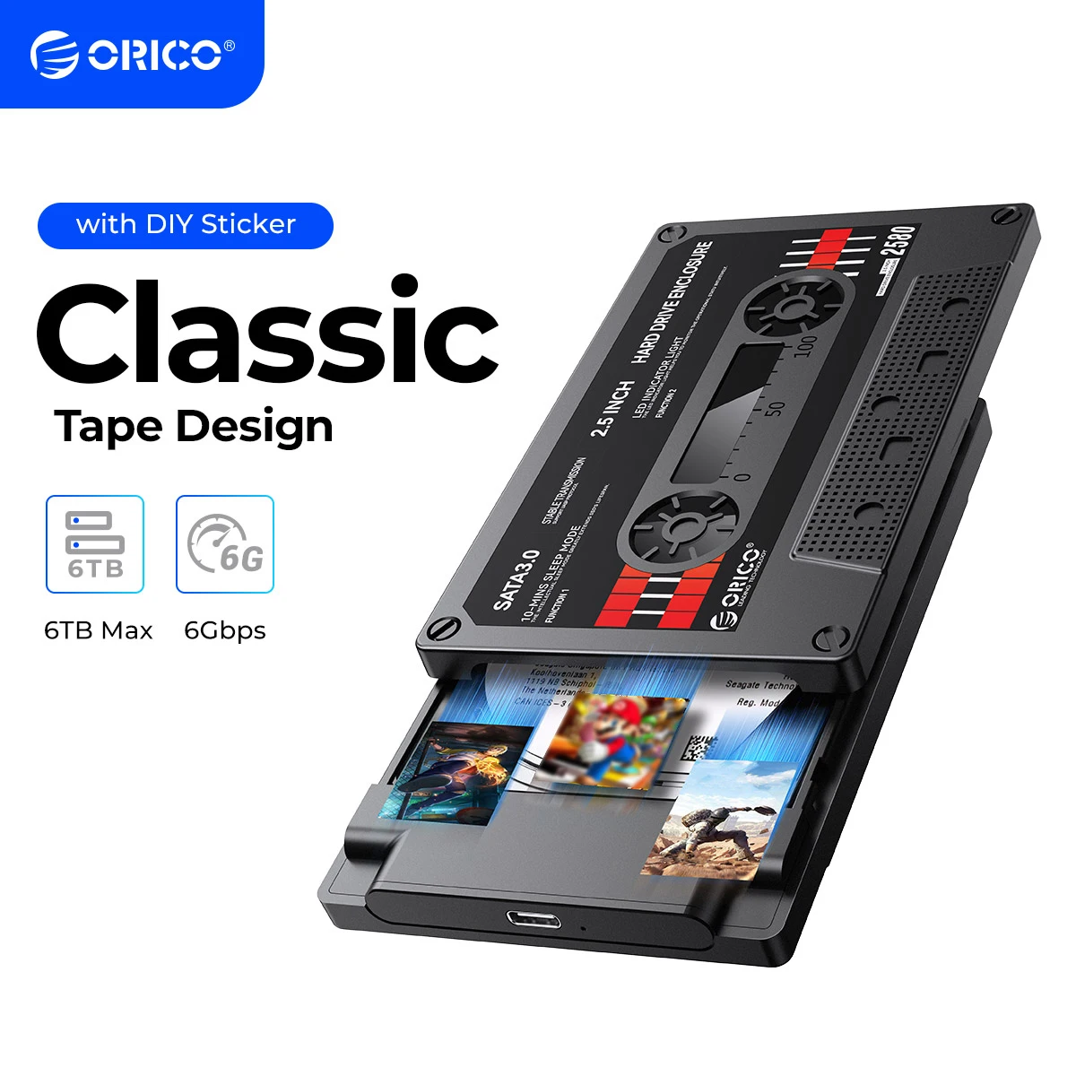 ORICO 2,5'' HDD-Gehäuse SATA zu USB3.0 Externes Festplattengehäuse 5 Gbit/s/6 Gbit/s Typ-C-HDD-Gehäuse mit DIY-Aufkleber Image