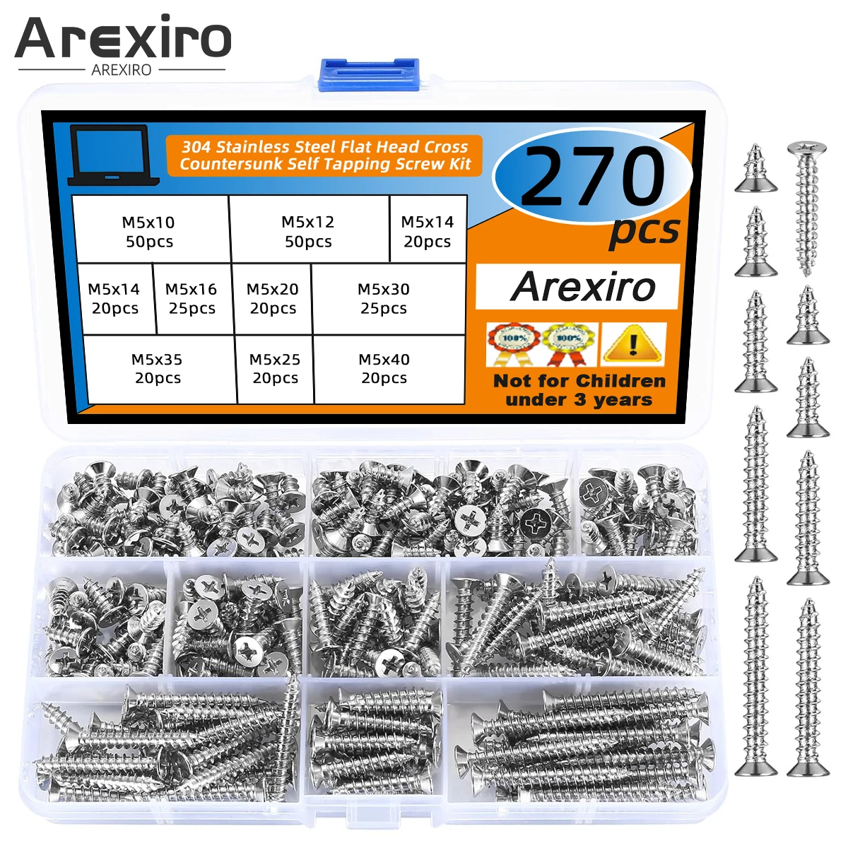 270-teiliges Sortiment an M5-Holzschrauben, Flachkopf-Phillips-Blechschrauben, Senkkopfschrauben, Trockenbauschrauben Image