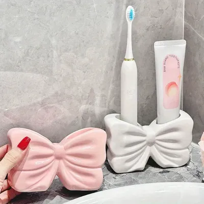 Charming Bow Tie Ceramic Toothbrush Holder – Portable, No-Drill Bathroom Storage Solution