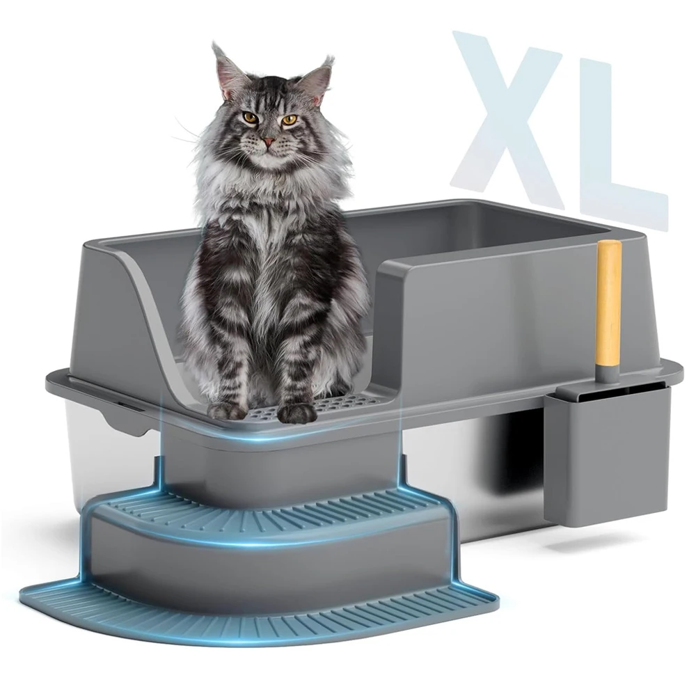 Semi-Enclosed Stainless Steel Cat Litter Box with Lid, Extra Large Cat Litter Box with Cat Shovel (Suitable for Large Cats) XL Metal Litter Box Tray, High Wall Closed on Both Sides, Anti-Stick and