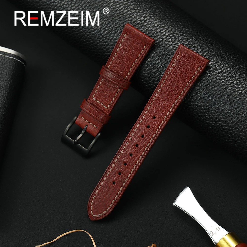 Uhrenarmband aus pflanzlich gegerbtem Leder, 18 mm, 20 mm, 22 mm, Vintage-Armbanduhrenarmbänder, Schwarz, Rot, Ersatzarmband Image