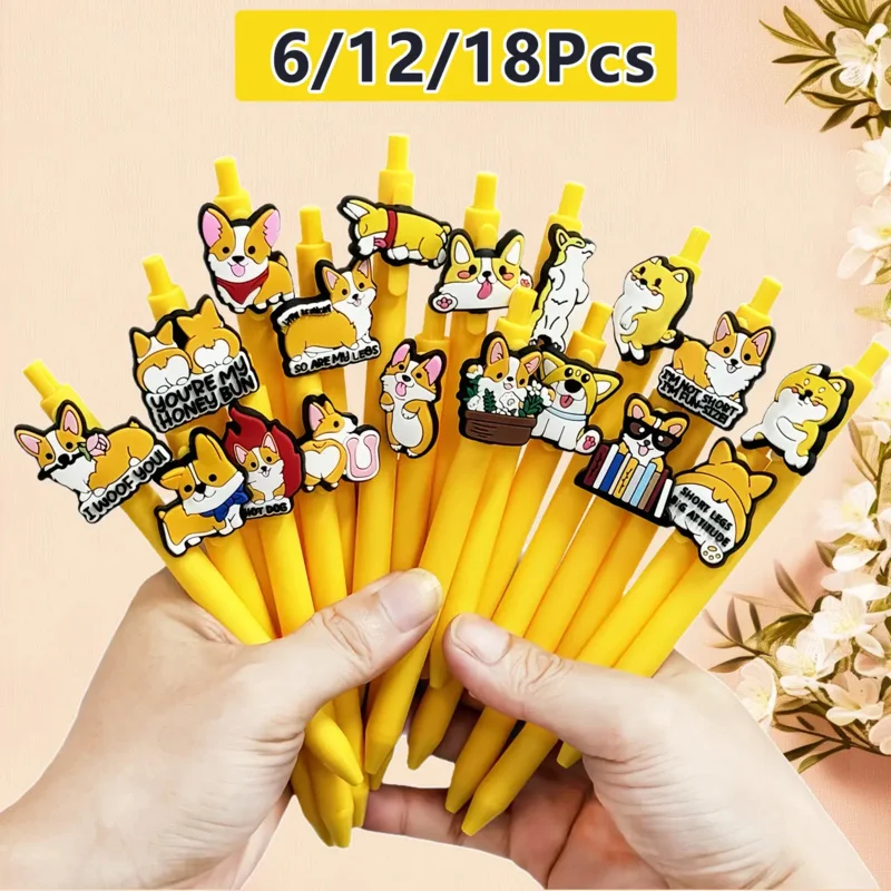 6/12/18 Stück süßer Corgi-Kugelschreiber mit Hundemuster, Druckknopf-Kugelschreiber mit schwarzer Tinte, Schreibwaren-Büro-Studenten-Geschenk Image