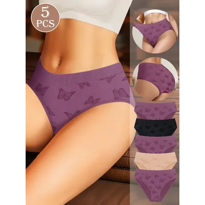 5-Pack Miotan Women's Mid-Rise Seamless Briefs - Butterfly Print Low-Rise Underwear, Breathable Soft Comfort Elastic Fit,