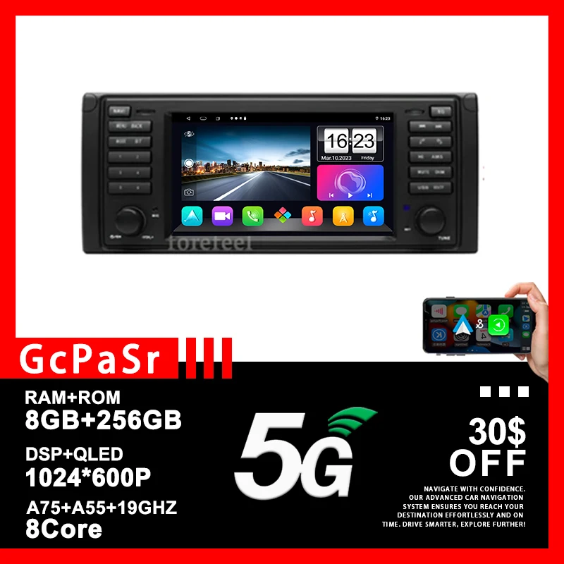7 Zoll Autoradio Android 13 Auto für BMW 5er E39 2014-2017 Multimedia Dash Cam Player Bildschirm GPS Navigation Head Unit WiFi