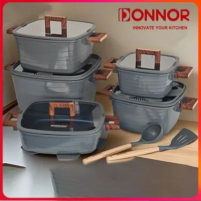 DONNOR 15Pcs Non-stick Square Soup Pot Set Bakelite Handle Stew Pot Frying Pan Stove Universal Cookware Set Milk Cooking Pot Set